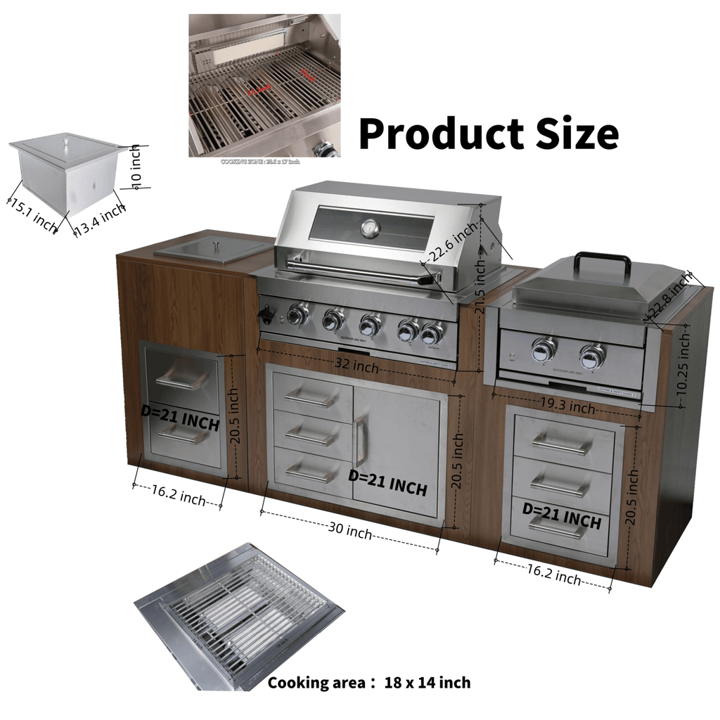 Premium Outdoor Kitchen With 32 Inch 60000 BTU Built-In Stainless Steel LPG Gas Grill, Door And Drawer Combo And Stainless Steel Ice Box (SAK98661) - Saksby Wholesale - Product Size