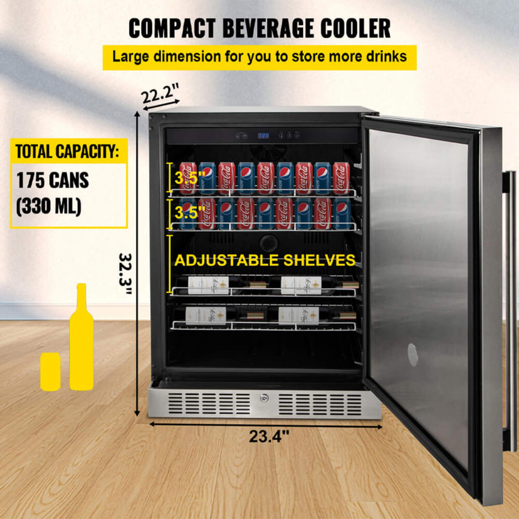 Premium Single Door Stainless Steel Built-In Wine Beverage Undercounter Refrigerator, 5.3 Cu.Ft. (SAK95276) SAKSBY - Dimensions View