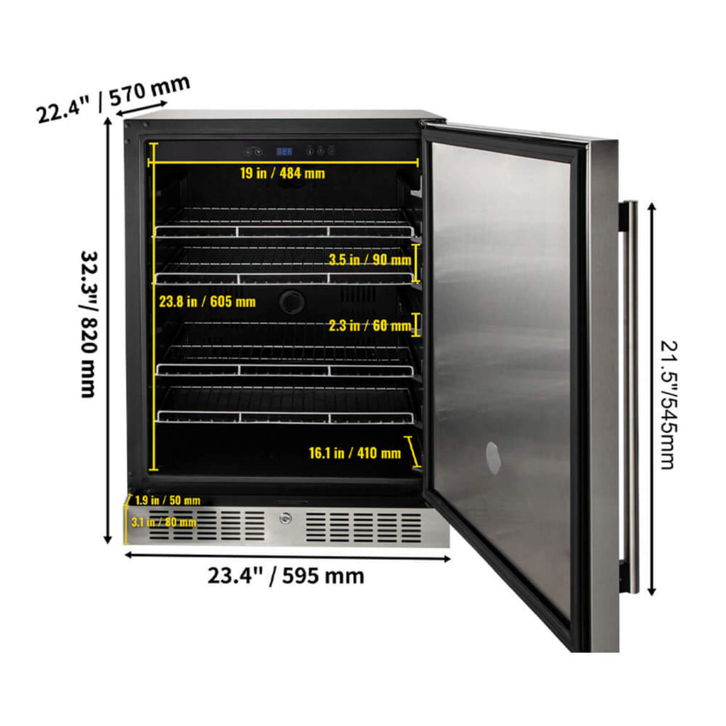 Premium Single Door Stainless Steel Built-In Wine Beverage Undercounter Refrigerator, 5.3 Cu.Ft. (SAK95276) SAKSBY - Indoor Dimensions View
