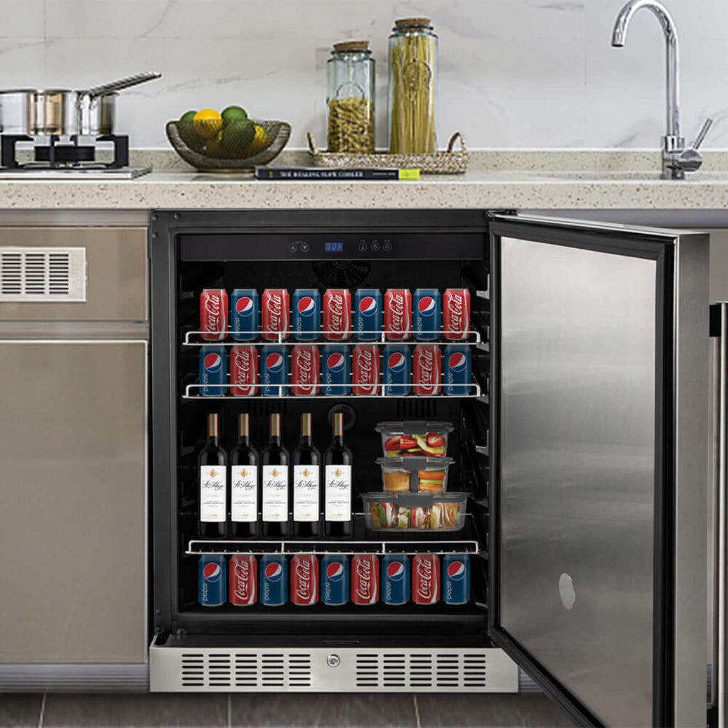 Premium Single Door Stainless Steel Built-In Wine Beverage Undercounter Refrigerator, 5.3 Cu.Ft. (SAK95276) SAKSBY - Lifestyle With Door Opened View