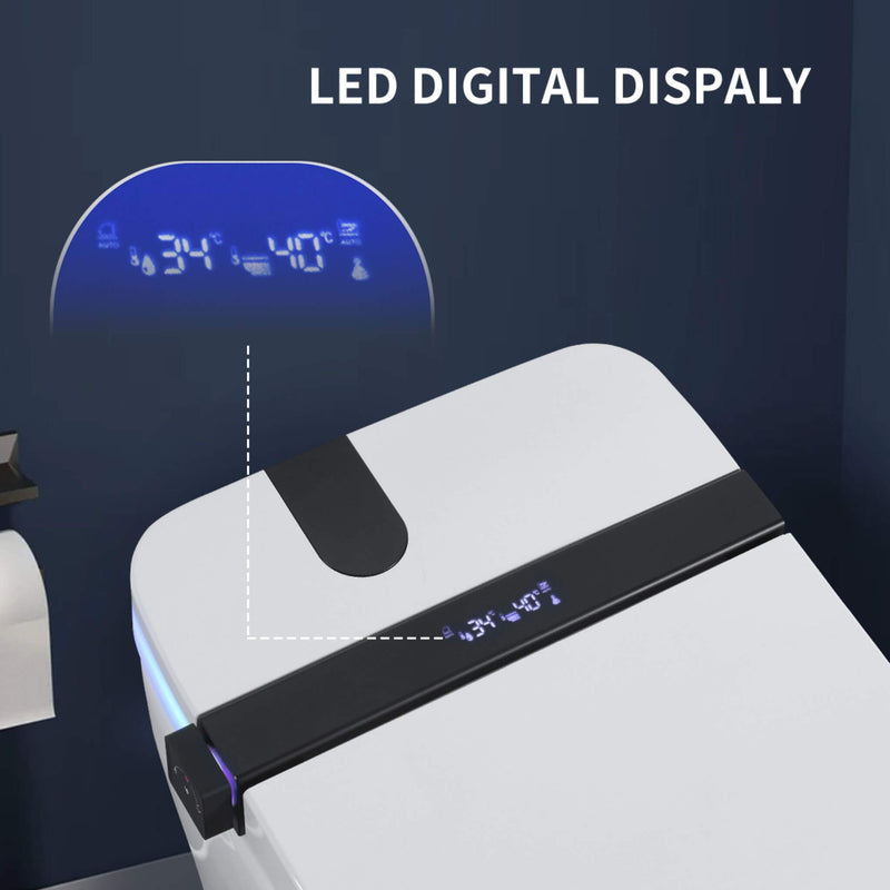 Premium Smart Toilet With Bidet Seat, Foot Sensor, Auto Open And Close Lid, LED Display, Night Light, Warm Water Wash, Air Dryer, Revolving Lamp, And Side Knob Controls (SAK81465) - Saksby Wholesale - LED Digital Display