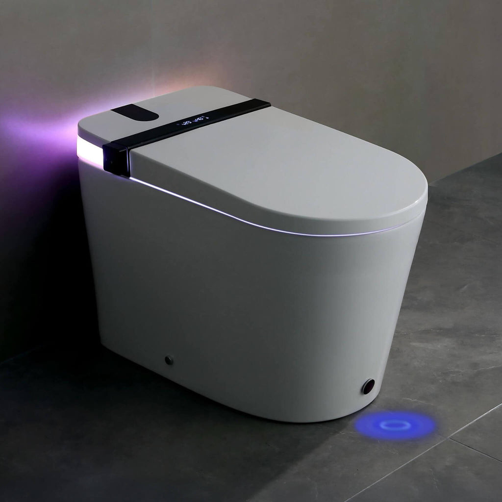 Premium Smart Toilet With Bidet Seat, Foot Sensor, Auto Open And Close Lid, LED Display, Night Light, Warm Water Wash, Air Dryer, Revolving Lamp, And Side Knob Controls (SAK81465) - Saksby Wholesale - Bathroom Lifestyle