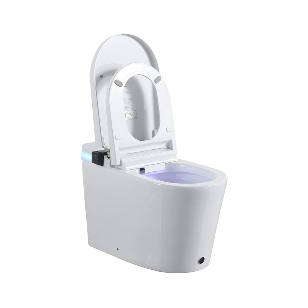 Premium Smart Toilet With Bidet Seat, Foot Sensor, Auto Open And Close Lid, LED Display, Night Light, Warm Water Wash, Air Dryer, Revolving Lamp, And Side Knob Controls (SAK81465) - Saksby Wholesale - Open Bidet Seat Side View