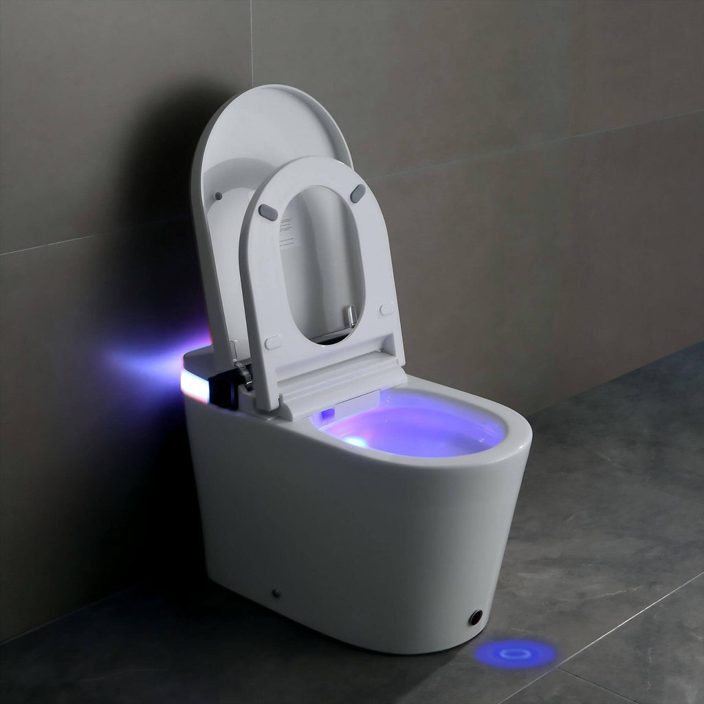 Premium Smart Toilet With Bidet Seat, Foot Sensor, Auto Open And Close Lid, LED Display, Night Light, Warm Water Wash, Air Dryer, Revolving Lamp, And Side Knob Controls (SAK81465) - Saksby Wholesale - Oepn bidet Seat Lifestyle