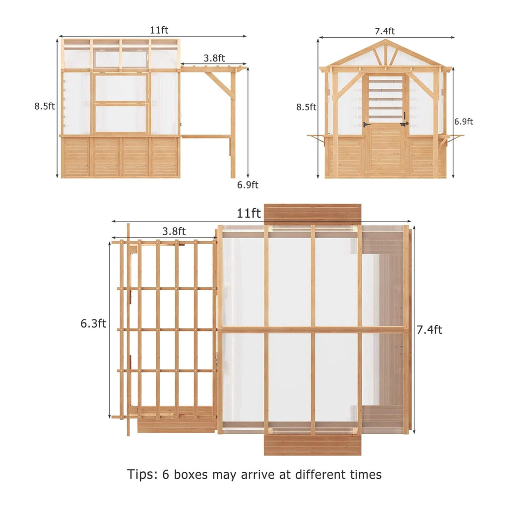 Premium Walk-In Spruce Wood Greenhouse With Pergola And Shelves (SAK75890) - Saksby Wholesale - 11FT Dimensions