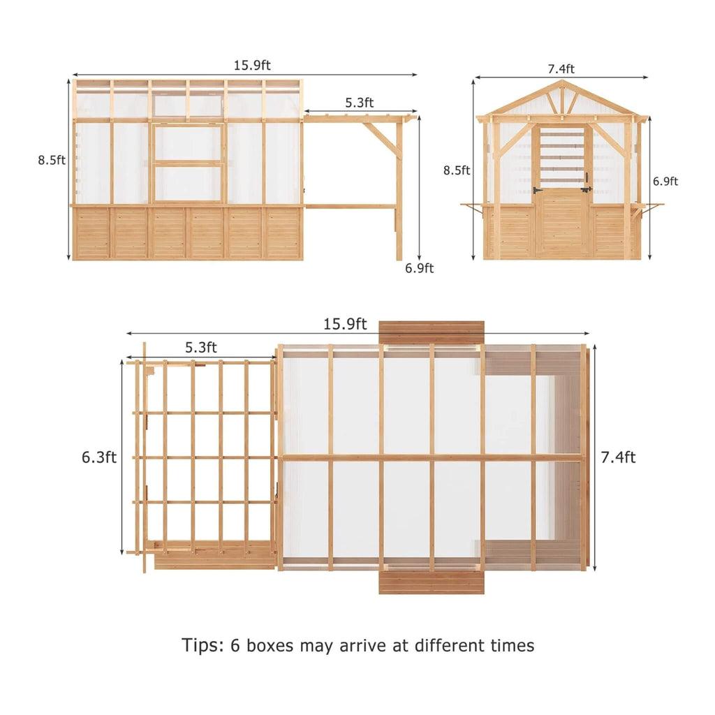 Premium Walk-In Spruce Wood Greenhouse With Pergola And Shelves (SAK75890) - Saksby Wholesale - 16FT Dimensions