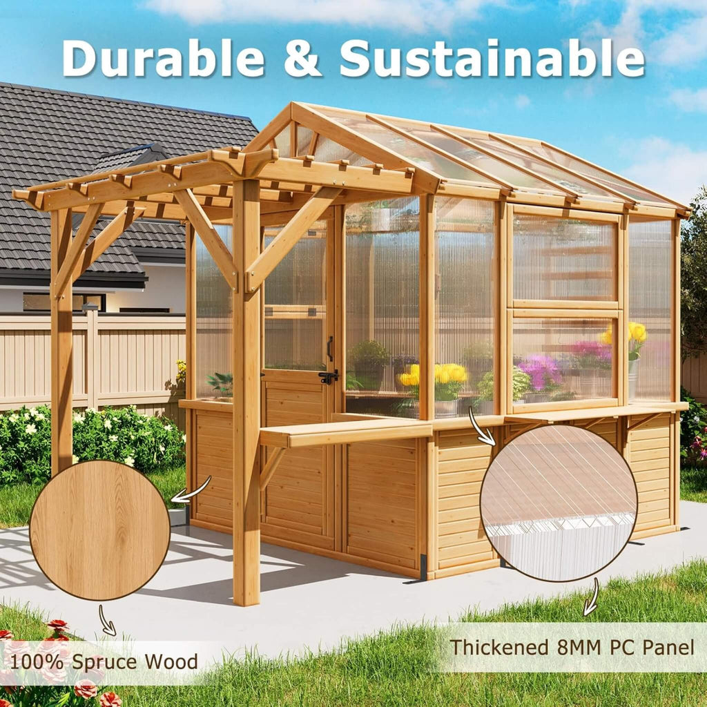 Premium Walk-In Spruce Wood Greenhouse With Pergola And Shelves (SAK75890) - Saksby Wholesale - Features