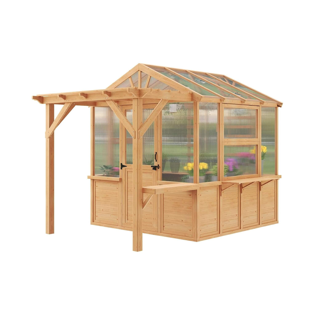 Premium Walk-In Spruce Wood Greenhouse With Pergola And Shelves (SAK75890) - Saksby Wholesale - Front Side View
