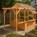 Premium Walk-In Spruce Wood Greenhouse With Pergola And Shelves (SAK75890) - Saksby Wholesale - Lifestyle Image In Backyard