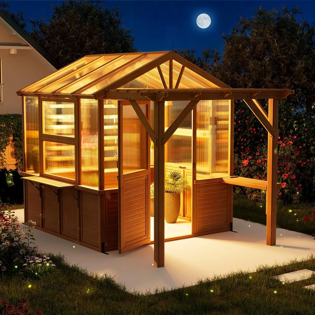 Premium Walk-In Spruce Wood Greenhouse With Pergola And Shelves (SAK75890) - Saksby Wholesale - Lifestyle Image In Night Time