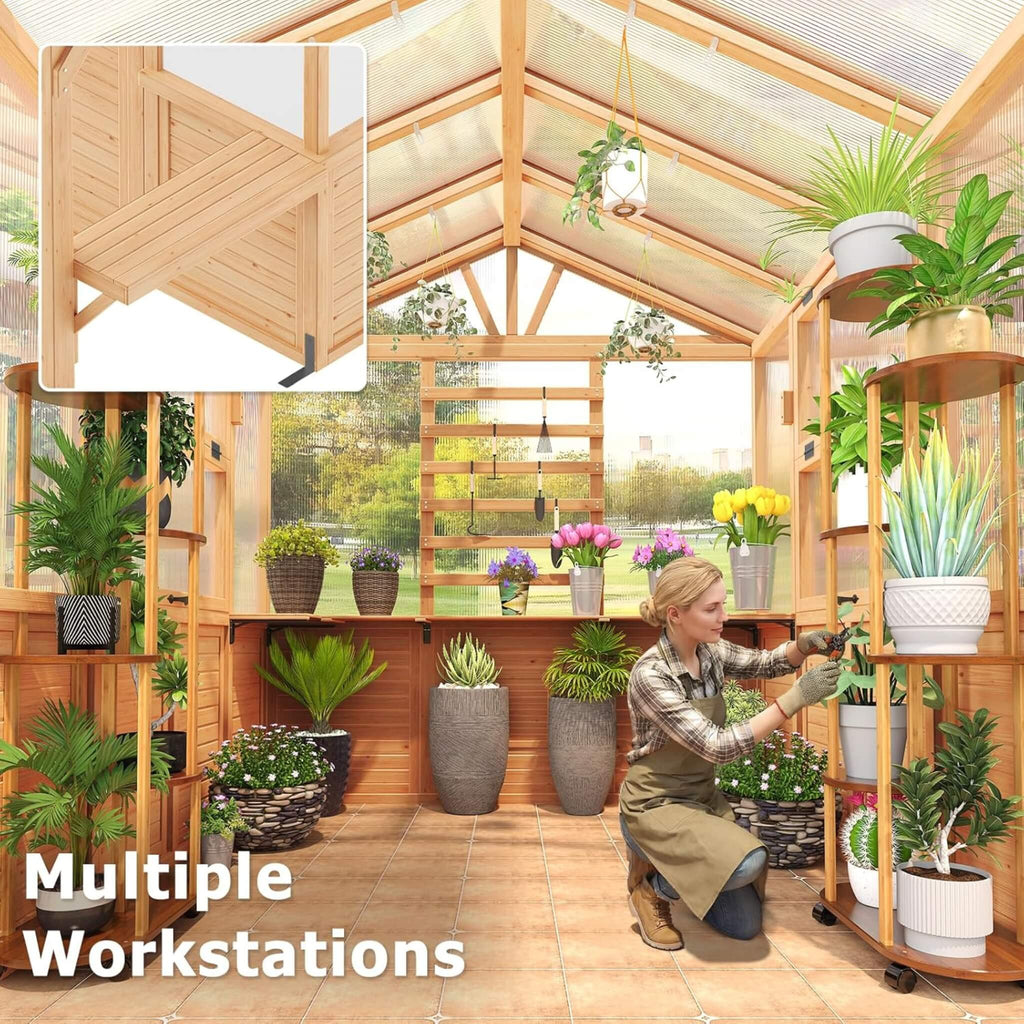 Premium Walk-In Spruce Wood Greenhouse With Pergola And Shelves (SAK75890) - Saksby Wholesale - Multiple Workstation Lifestyle Image
