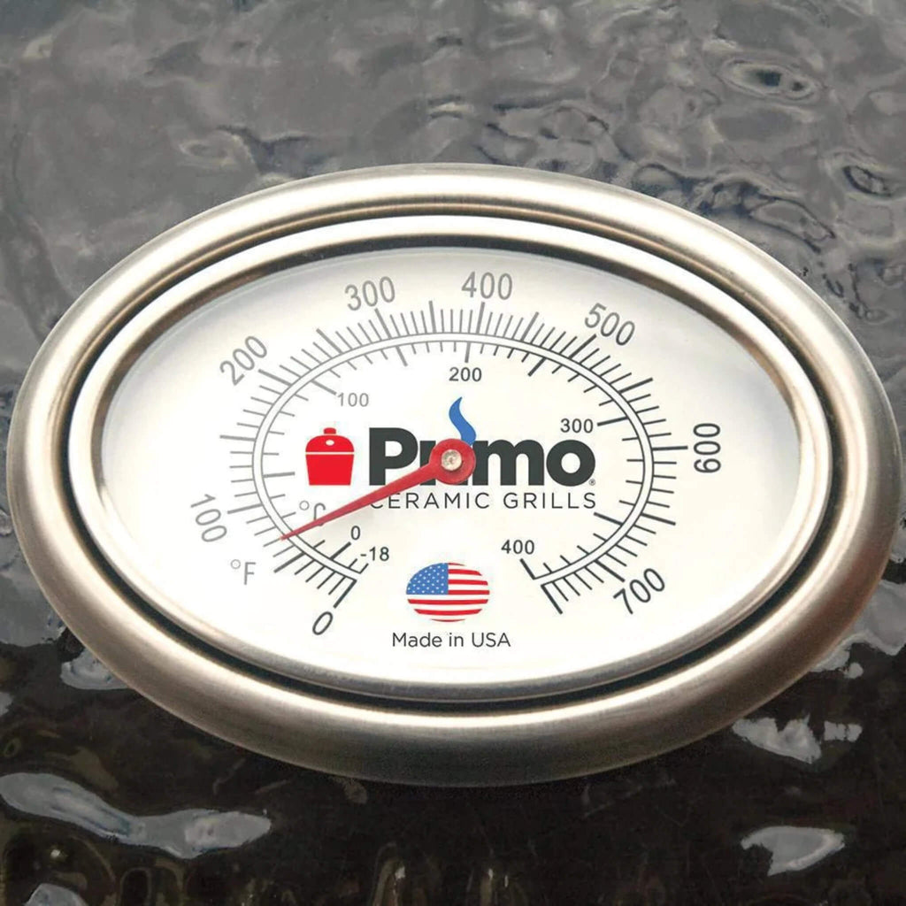 Primo Oval Large 300 All-In-One Ceramic Kamado Grill W/ Cradle, Side Shelves & Stainless Steel Grates [PGCLGC] (SAK21293) - Saksby Wholesale - Thermometer View