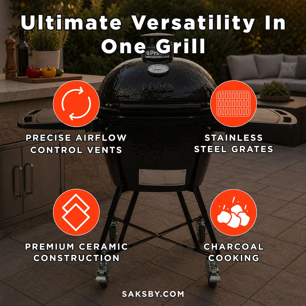 Primo Oval Large 300 All-In-One Ceramic Kamado Grill W/ Cradle, Side Shelves & Stainless Steel Grates [PGCLGC] (SAK21293) - Saksby Wholesale - Features