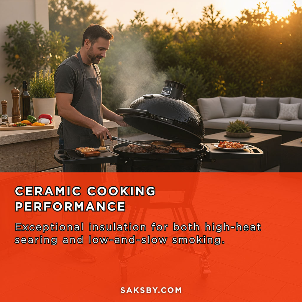 Primo Oval Large 300 All-In-One Ceramic Kamado Grill W/ Cradle, Side Shelves & Stainless Steel Grates [PGCLGC] (SAK21293) - Saksby Wholesale - Outdoor Cooking View
