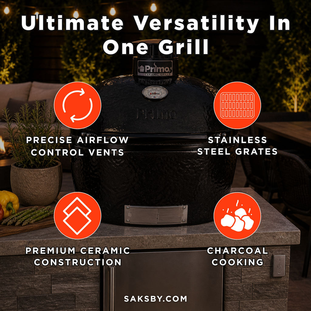 Primo Oval Large 300 Ceramic Kamado BBQ Grill W/ Stainless Steel Grates [PGCLGH] (SAK14871) - Saksby Wholesale - Features