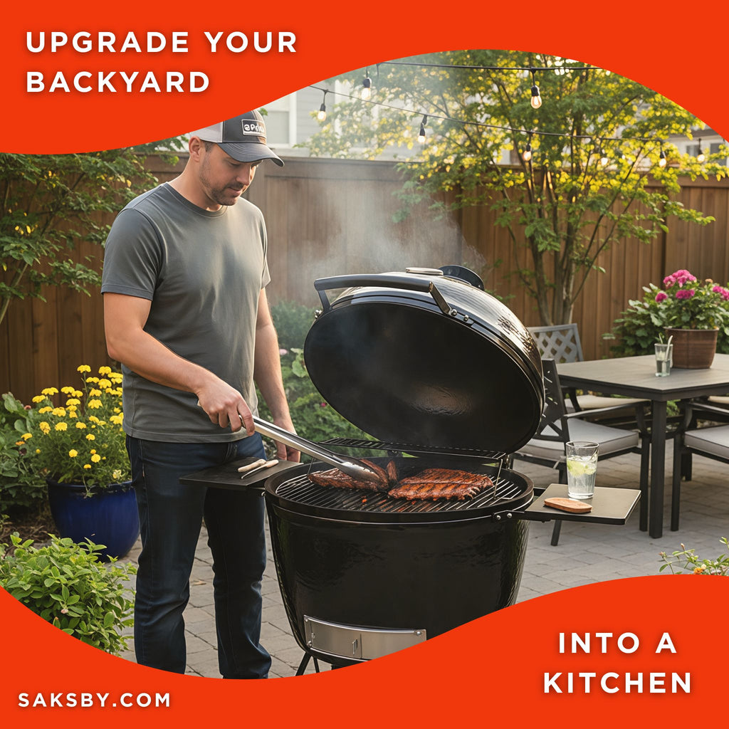 Primo Oval XL 400 Ceramic Kamado BBQ Grill W/ Stainless Steel Grates [PGCXLH] (SAK23100) - Saksby Wholesale - Lifestyle Image
