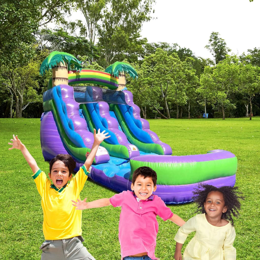Purple Marble Inflatable Water Slide With Pool And Blower (SAK82910) - Saksby Wholesale - Lifestyle Image With Kids