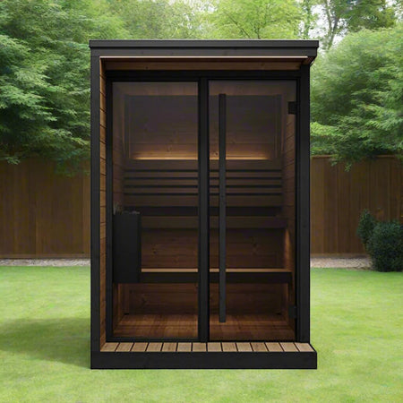 Wooden Sauna With Black Exterior Doors In A Garden Setting