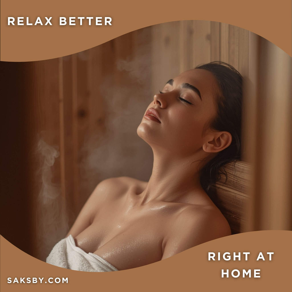 SaunaLife Model GL4 Luxury-Series Outdoor 4-Person Home Sauna Kit [GL4] (SAK21633) - Saksby Wholesale - Lifestyle Image of a Woman Relaxing