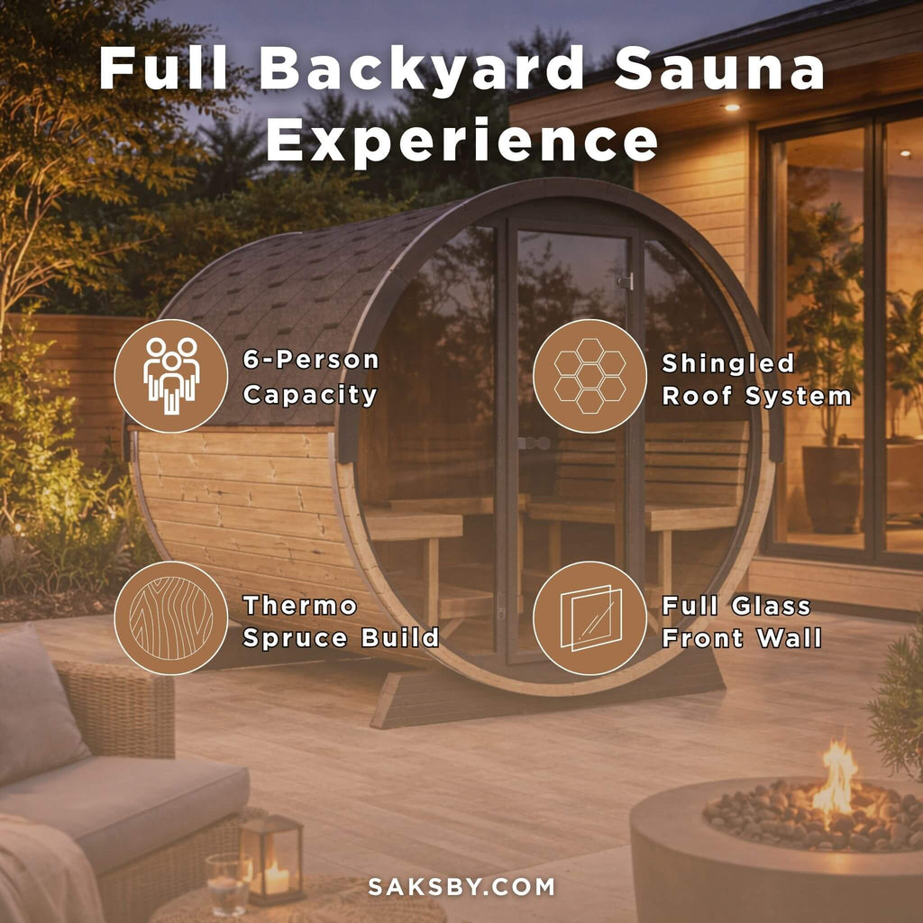 SaunaLife Model EE8G Ergo Series 6-Person Outdoor Sauna Barrel With Tempered Glass Front [SL-MODELEE8G] (SAK95812) - Saksby Wholesale - Product Features View