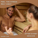 SaunaLife Model GL6 Luxury-Series Outdoor 4-Person Home Sauna Kit [GL6] (SAK41025) - Saksby Wholesale - Lifestyle Image of a Man and Woman Relaxing