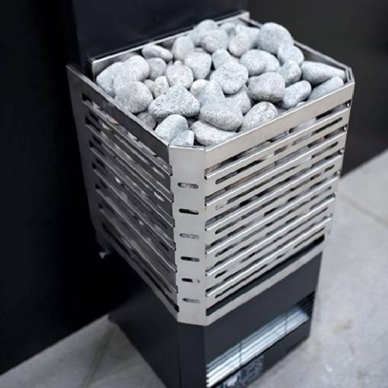 Saunum Air L Series Sauna Heater With Climate Equalizer And Temperature Sensor (SAK95263) SAKSBY - Stainless Front Right With Stones View