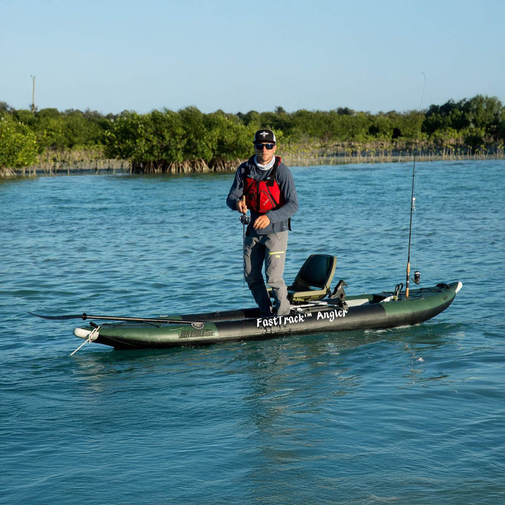 Sea Eagle 385FTA FastTrack 2 Persons Angler Inflatable Hunter Green Fishing Kayak, 12FT [385FTA] (SAK80139) SAKSBY - Man Standing View