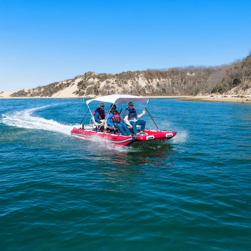 Sea Eagle Boats FastCat14 Catamaran Inflatable Boat 14ft SAK43210 Saksby - Front Right View With People Sitting Under Canopy