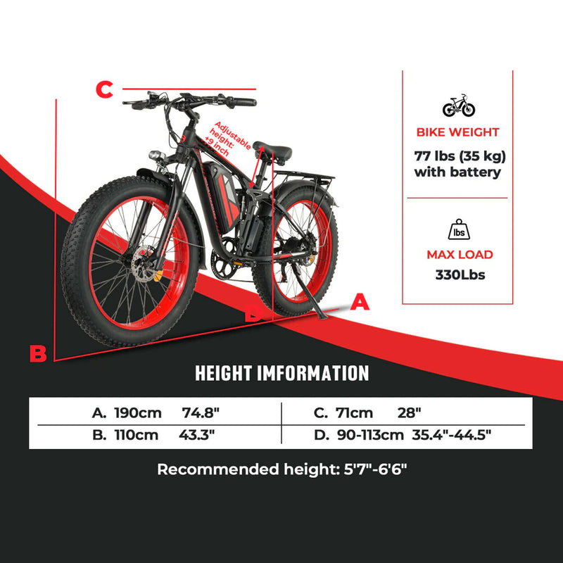 SENADA VIPER PLUS 48V/20AH 1000W Electric All-Terrain Bike, 330LBS (SAK52186) - Dimensions View