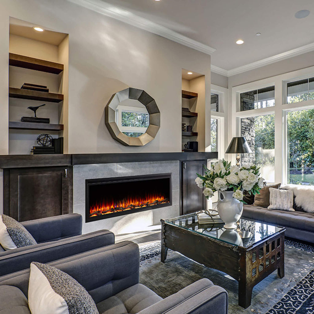 Simplifire Allusion Platinum Recessed Linear Electric Fireplace [SF-ALLP50/60/72-BK] (SAK96415) SAKSBY - Living Room View