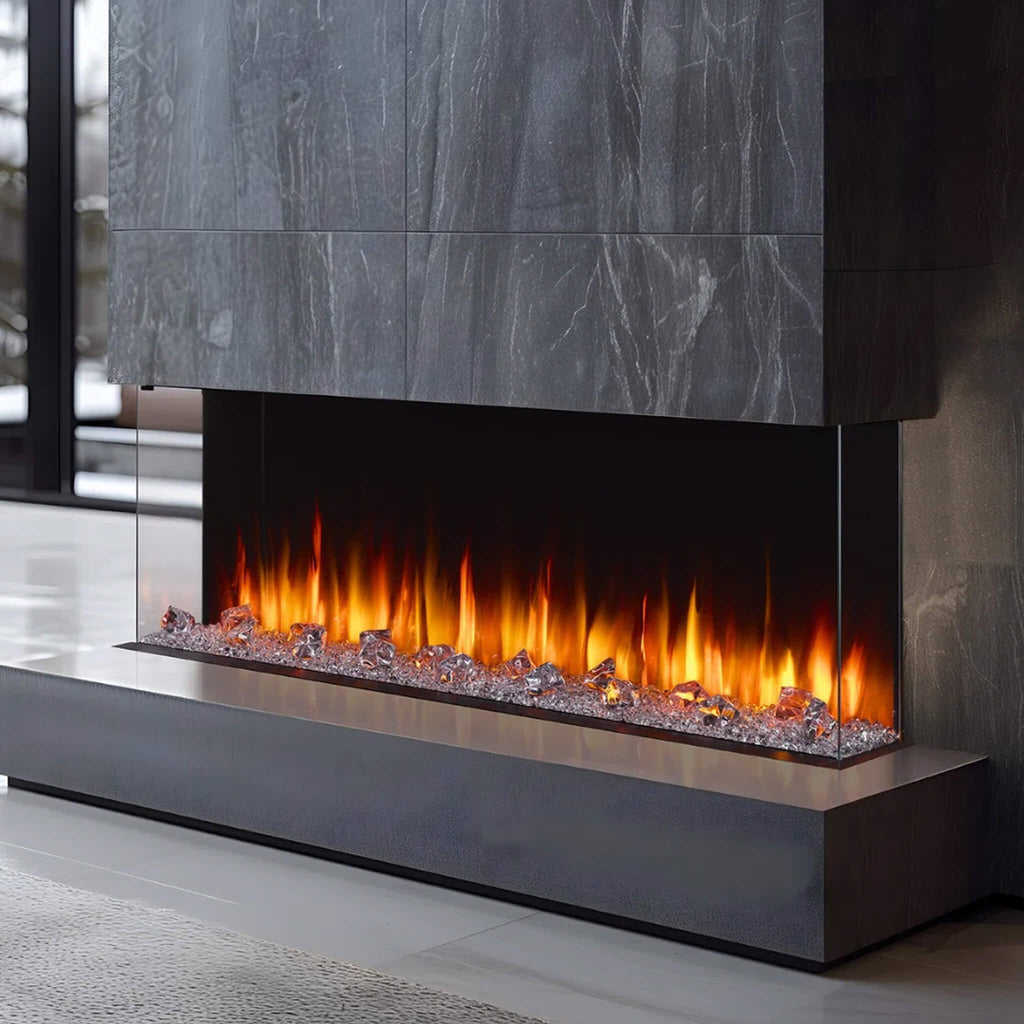 SimpliFire Triton Multi-View Smart Linear Electric Fireplace [SF-TR50/65/78] (SAK23691) - Saksby Wholesale - Lifestyle 65 Inch With Crystal Media