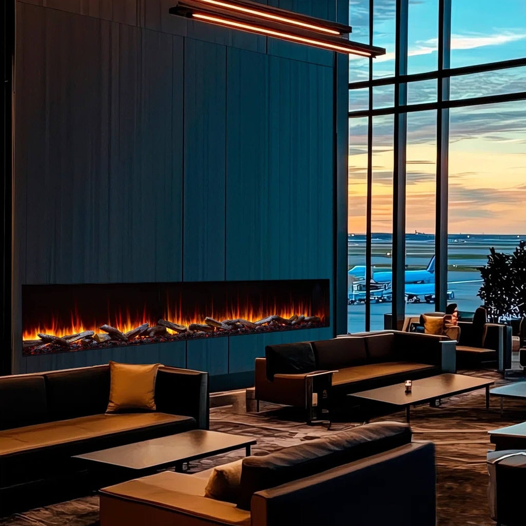 SimpliFire Triton Multi-View Smart Linear Electric Fireplace [SF-TR50/65/78] (SAK23691) - Saksby Wholesale - Lifestyle 78 Inch Front View In Living Room