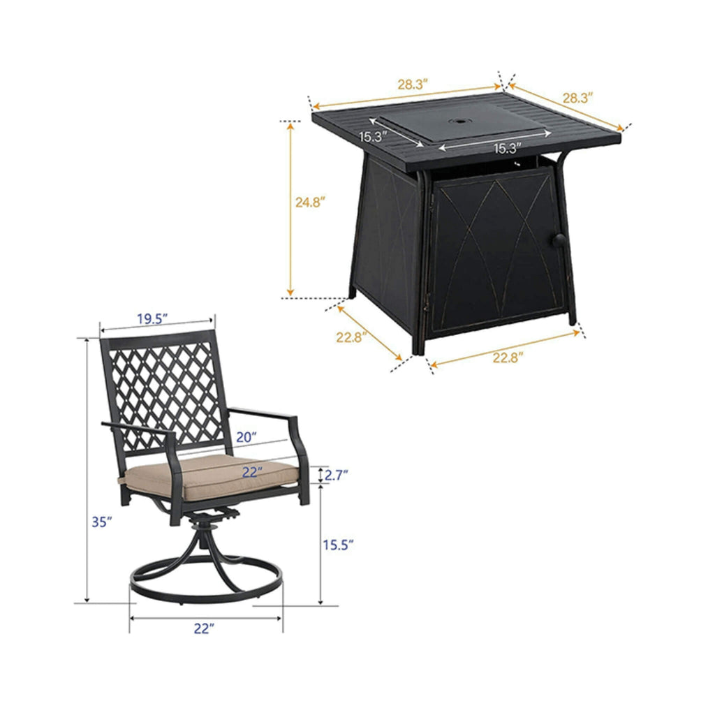 Sophia & William Outdoor Gas Fire Pit Table Set W/ Cushioned Swivel Dining Chairs, 5PCS (SAK63872) - Saksby Wholesale - Dimension View
