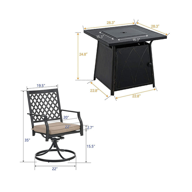 Sophia & William Outdoor Gas Fire Pit Table Set W/ Cushioned Swivel Dining Chairs, 5PCS (SAK63872) - Saksby Wholesale - Dimension View
