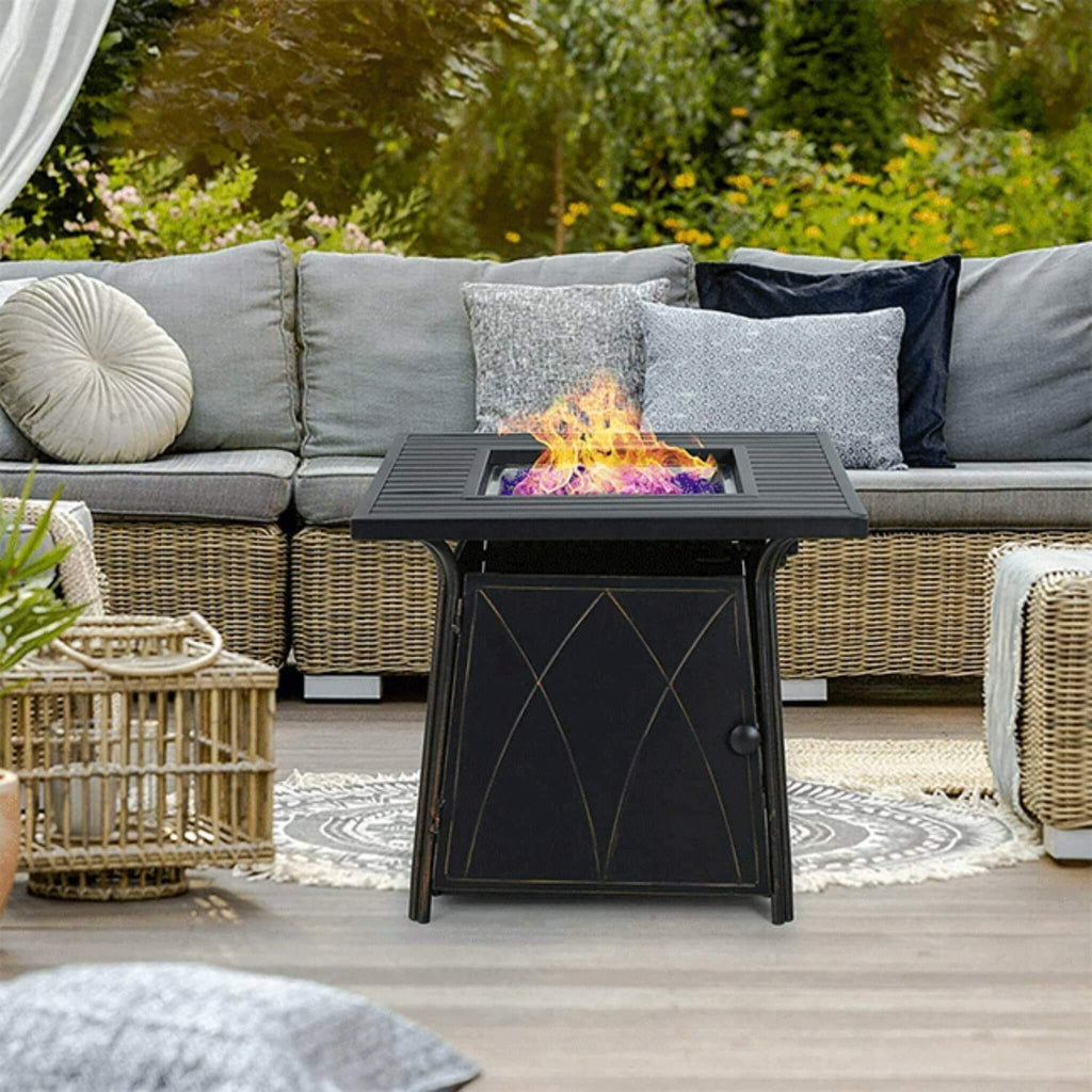 Sophia & William Outdoor Gas Fire Pit Table Set W/ Cushioned Swivel Dining Chairs, 5PCS (SAK63872) - Saksby Wholesale - Propane Gas Fire Pit Table View