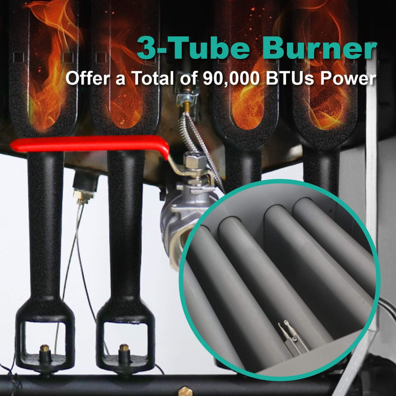 Stainless Steel Commercial 90K BTU 3-Burner Gas Liquid Propane Deep Fryer (SAK89517) - Saksby Wholesale - 3-Tube Burner