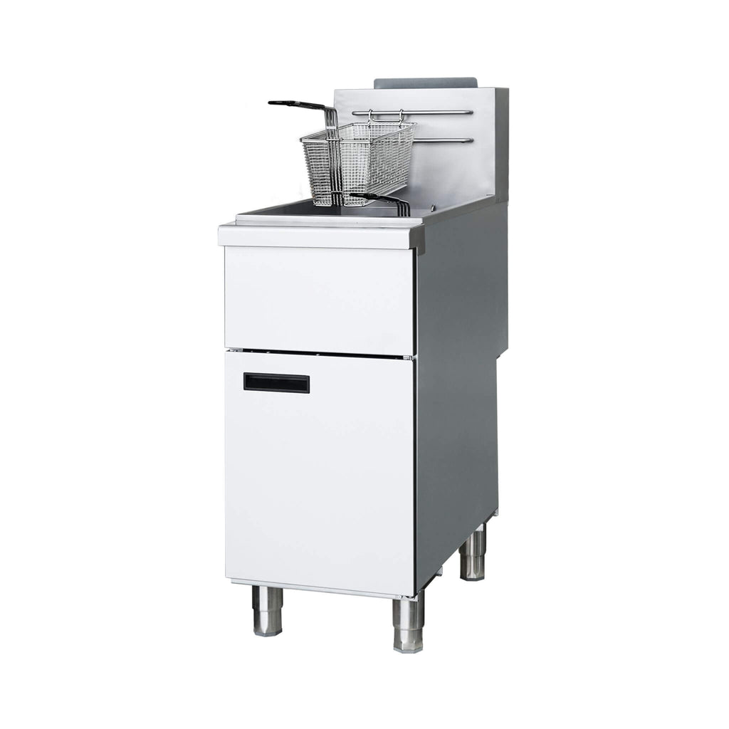 Stainless Steel Commercial 90K BTU 3-Burner Gas Liquid Propane Deep Fryer (SAK89517) - Saksby Wholesale - Left Side View