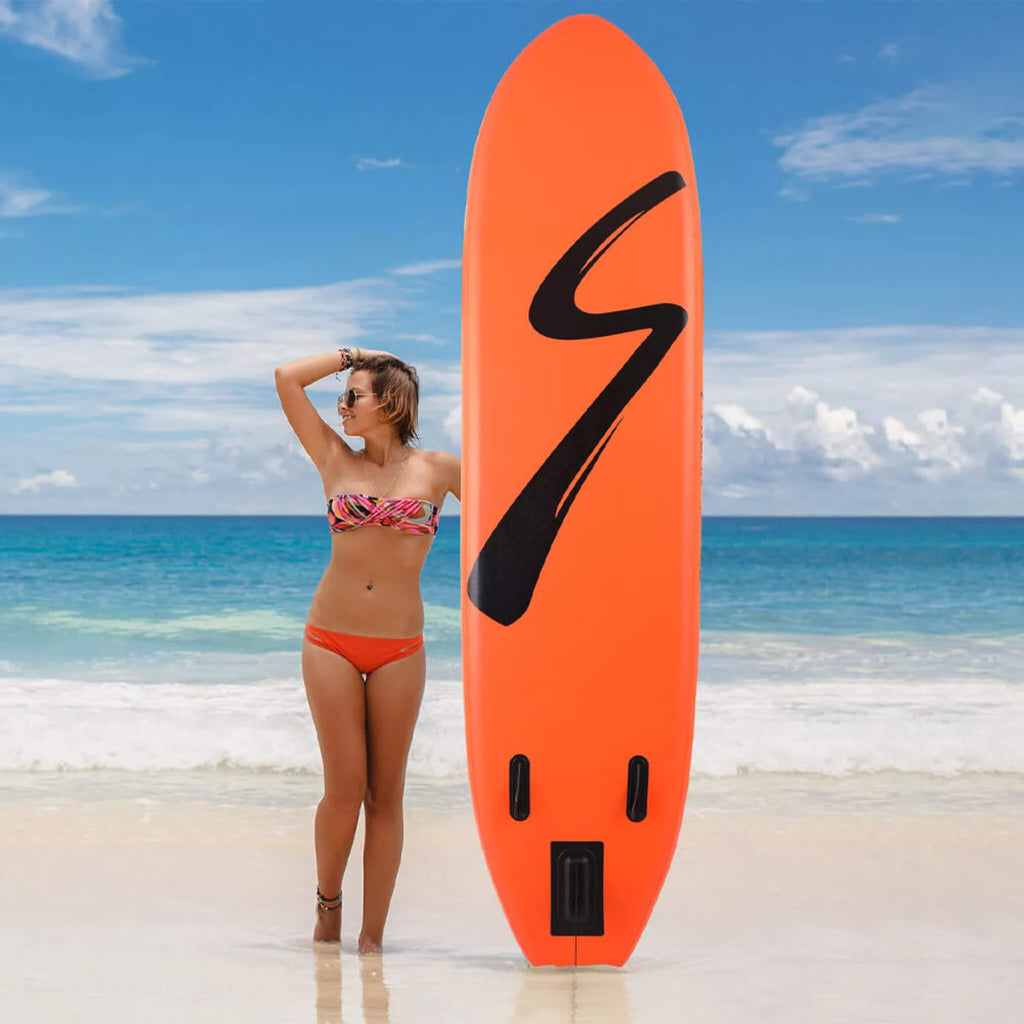 Streak Board Inflatable 10FT Stand Up Paddle Surfboard With Carry Bag, Pump And Paddle (SAK93471) SAKSBY - Lifestyle with Women Standing Beside It View