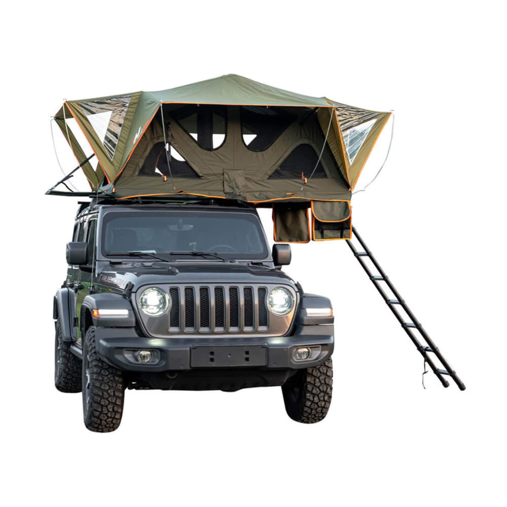 Naturnest Andromeda Green Soft-Shell Rooftop Tent With Large Panoramic Skylight & YKK Doors (SAK50612) - Saksby Wholesale - Side Right View With Ladder View