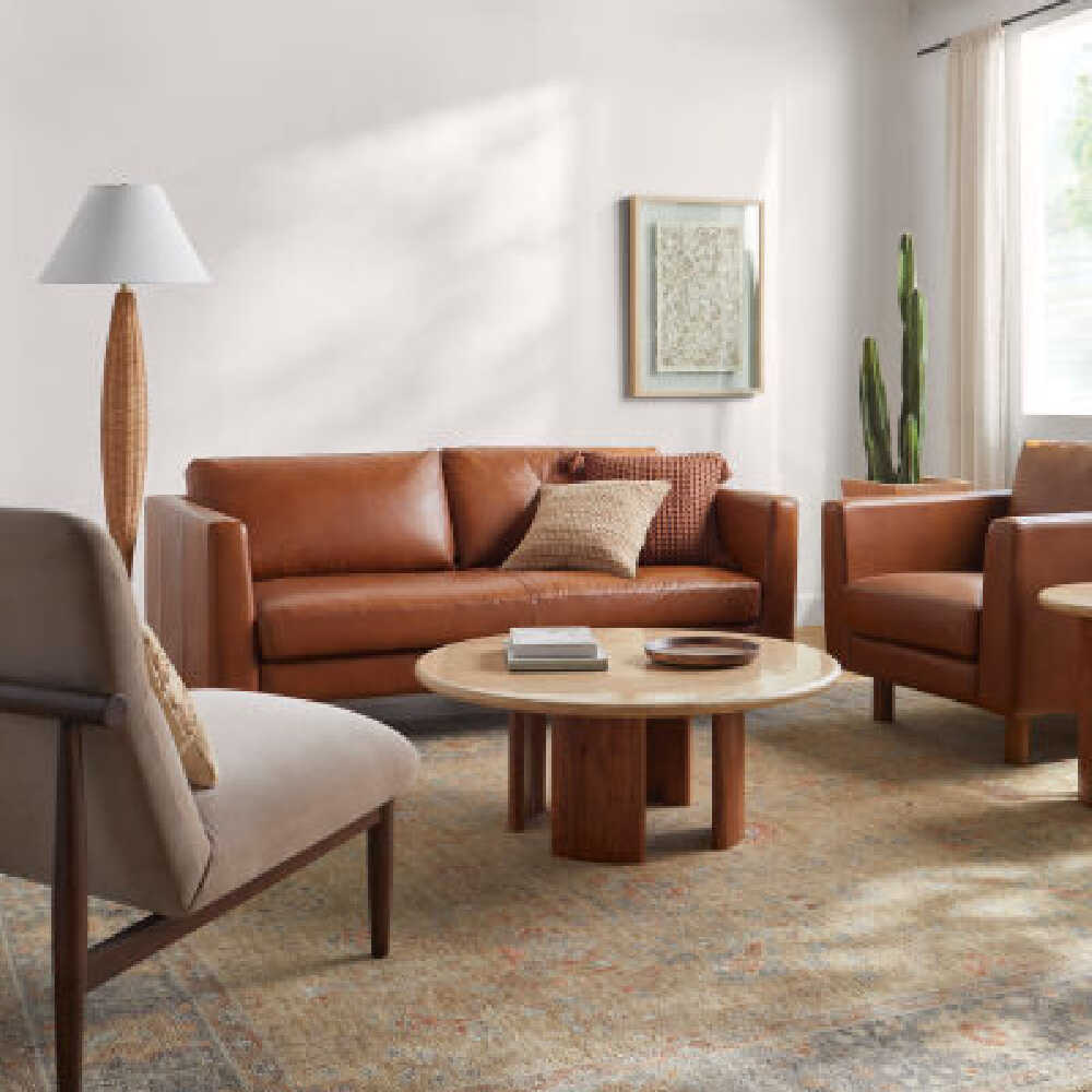 Surya Fitz Brown Leather Living Room Sofa, 75" (SAK13795)