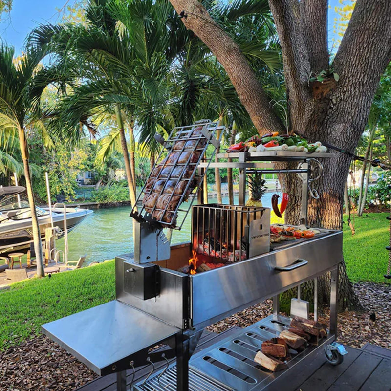 Tagwood BBQ Argentine Santa Maria Wood-Fire Charcoal Gaucho Grill BBQ06SS - SAK62378 - Lifestyle with Meat on Rack