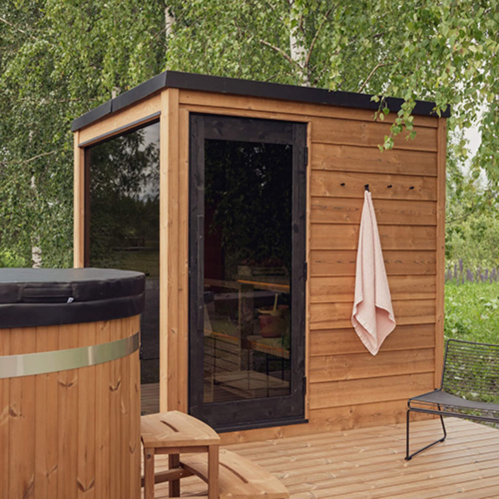 ThermaSol Nordic Dawn 4-Person Fully-Assembled Outdoor Sauna Cabin [14-KIR-4555] (SAK82057) - Saksby Wholesale - Outdoor View