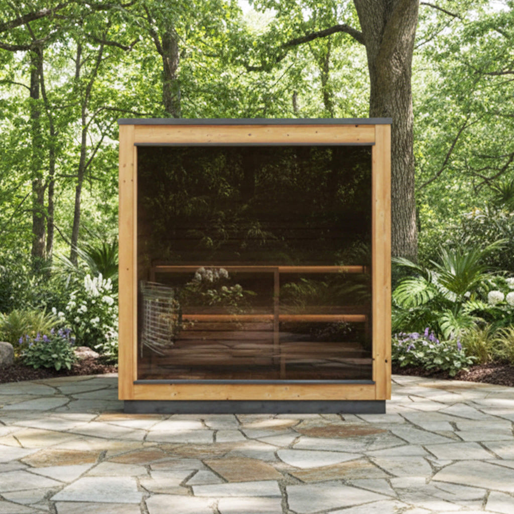 ThermaSol Nordic Dawn 4-Person Fully-Assembled Outdoor Sauna Cabin [14-KIR-4555] (SAK82057) - Saksby Wholesale - Lifestyle Front View