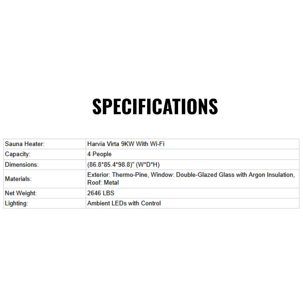 ThermaSol Nordic Dawn 4-Person Fully-Assembled Outdoor Sauna Cabin [Made-To-Order] [14-KIR-4555] (SAK82057)  - Saksby Wholesale -  Specifications View