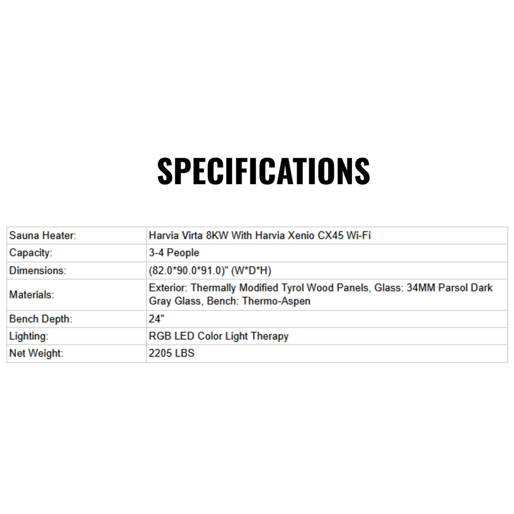 ThermaSol Spectra 4-Person Fully-Assembled Outdoor Sauna Cabin [Made-To-Order] [14-SPECTRA] (SAK46921)  - Saksby Wholesale -  Specifications View