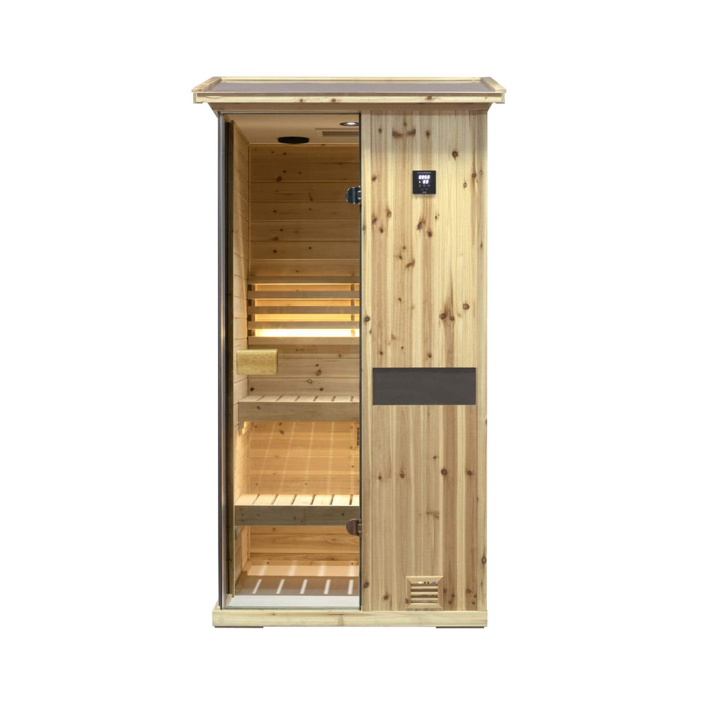 Thermora 1-Person Outdoor Weather-Resistant Traditional Wooden Steam Sauna Room (SAK71642) - Saksby Wholesale - Front VIew