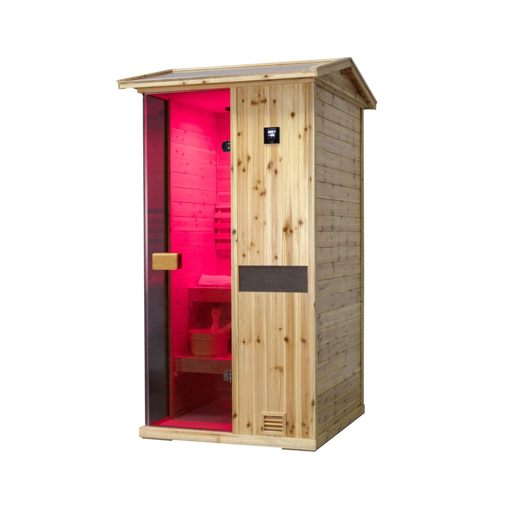 Thermora 1-Person Outdoor Weather-Resistant Traditional Wooden Steam Sauna Room (SAK71642) - Saksby Wholesale - Red Light Side VIew