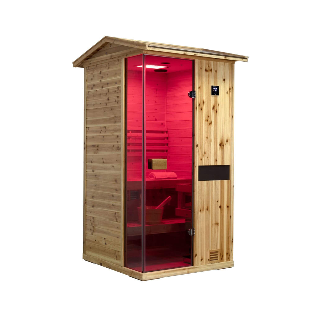 Thermora 1-Person Outdoor Weather-Resistant Traditional Wooden Steam Sauna Room (SAK71642) - Saksby Wholesale - Red Light Side VIew
