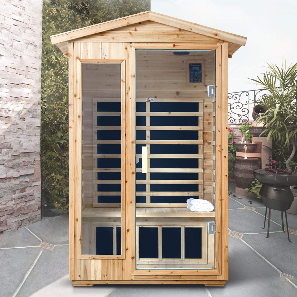 Thermora 2-Person Outdoor Infrared Sauna With Bluetooth Audio And LED Lighting (SAK28694) - Saksby Wholesale - Lifestyle Image