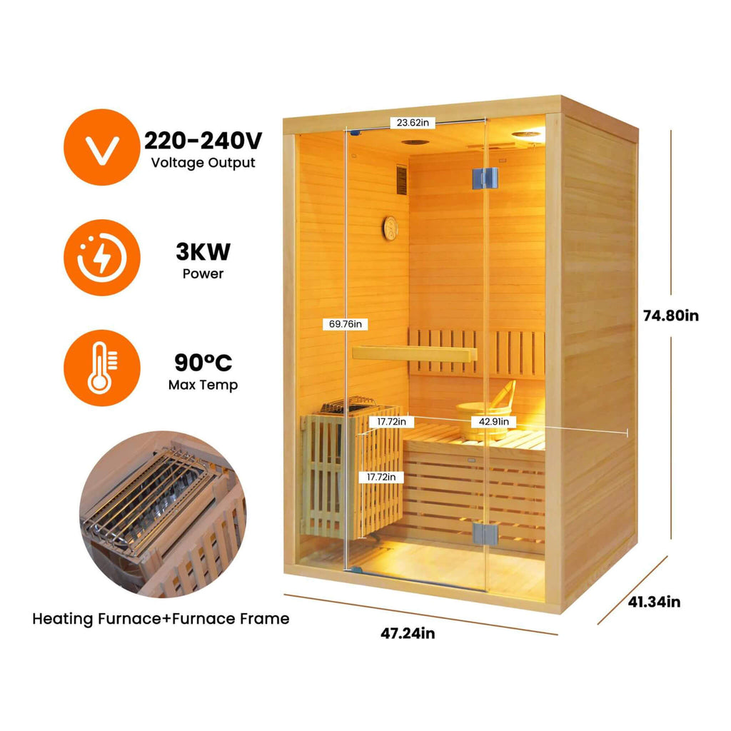 Thermora Premium 2-Person 3KW Hemlock Wood Sauna With LED Wall Light (SAK28471) - Saksby Wholesale - Specifications